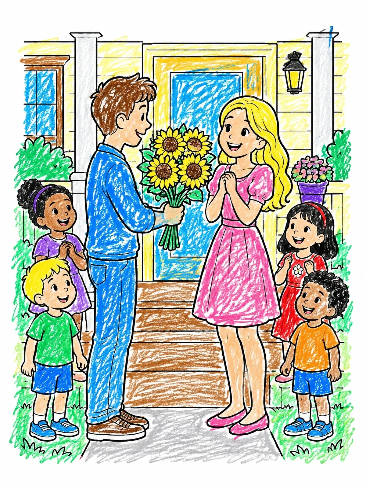 Colored example of the Surprise Sunflower Bouquet On The Porch coloring page