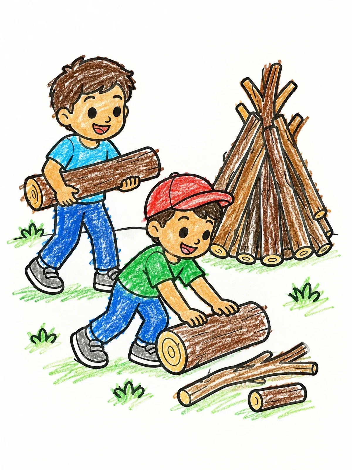 Colored example of the Boys Gathering Wood For Bonfire coloring page