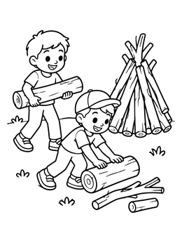 Free printable Boys Gathering Wood For Bonfire coloring page