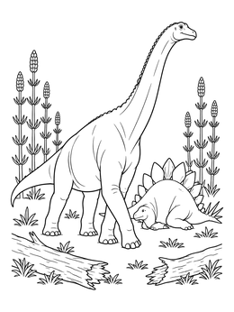 A peaceful brachiosaurus coloring page showing two prehistoric dinosaurs among tall plants.