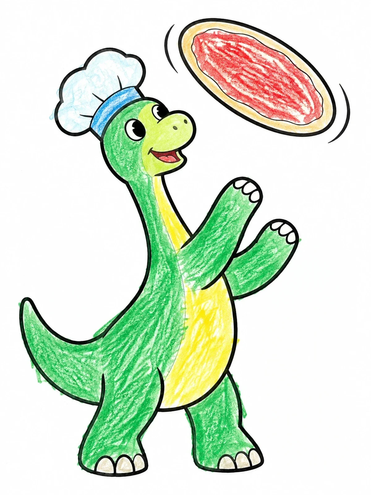 Colored example of the Cute Brachiosaurus Chef Tossing Pizza coloring page