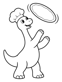 A cheerful brachiosaurus coloring page showing a dino chef tossing pizza dough in the air.