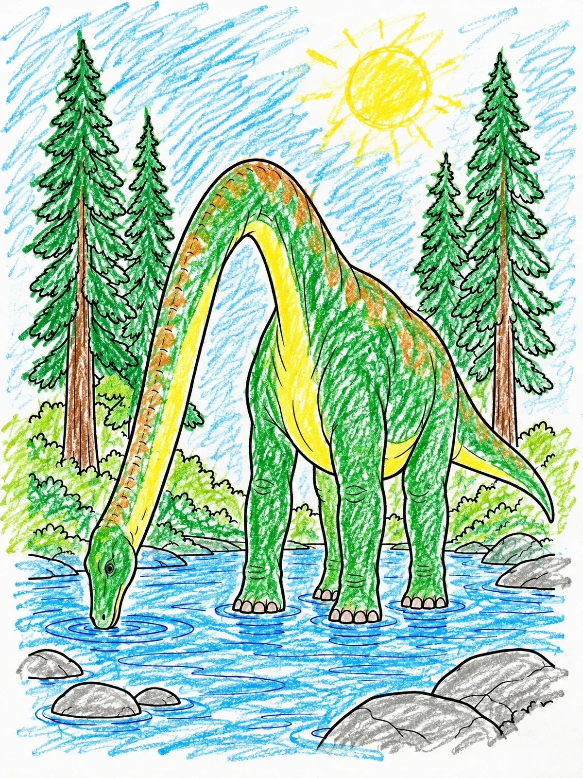 Colored example of the Brachiosaurus Drinking At The River coloring page