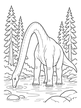 A brachiosaurus coloring page showing the giant dinosaur drinking water from a scenic forest stream.