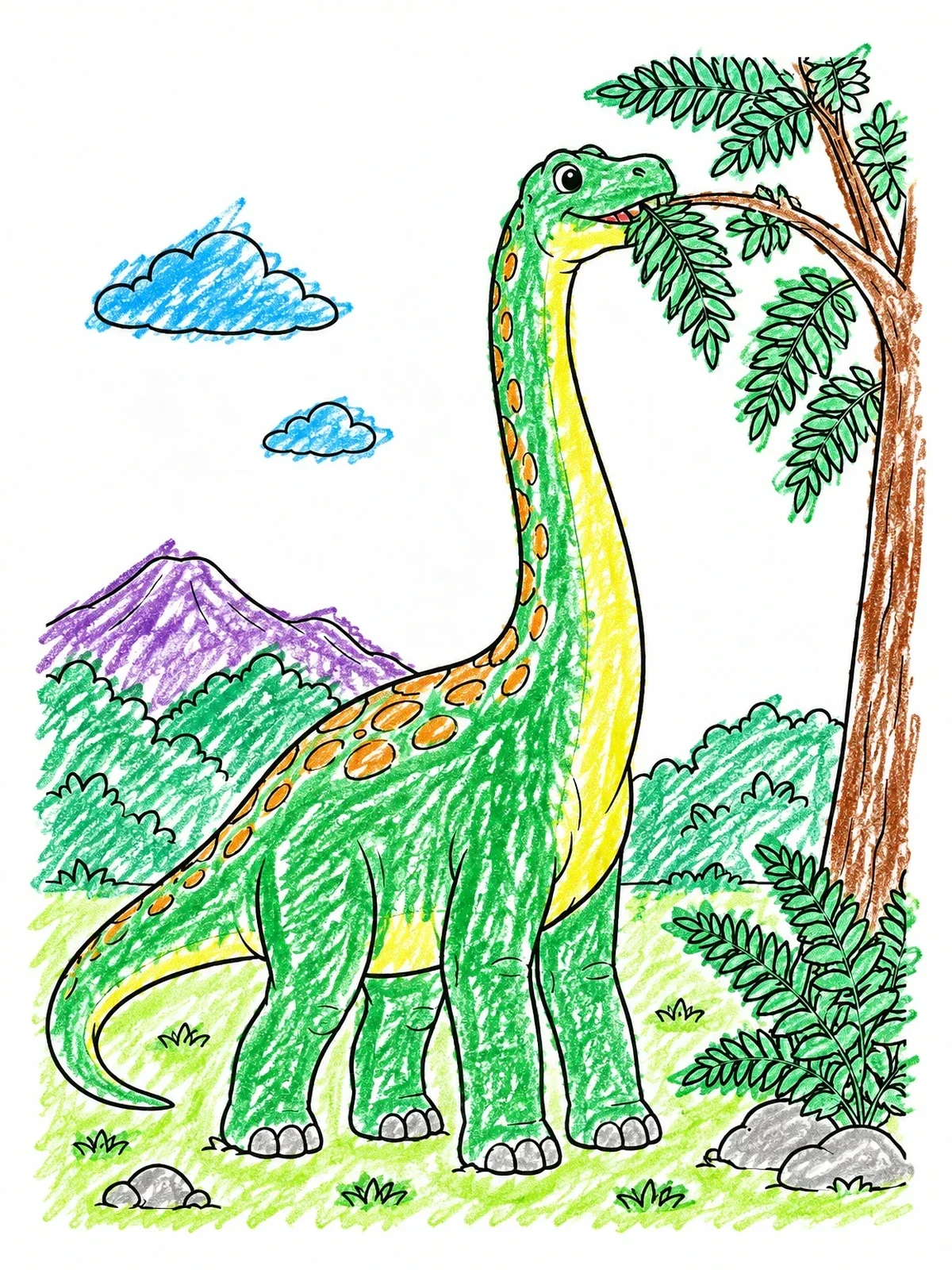 Colored example of the Brachiosaurus Munching On Tree Leaves coloring page