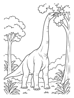 A tall brachiosaurus coloring page showing the giant dinosaur eating leaves from a high tree.
