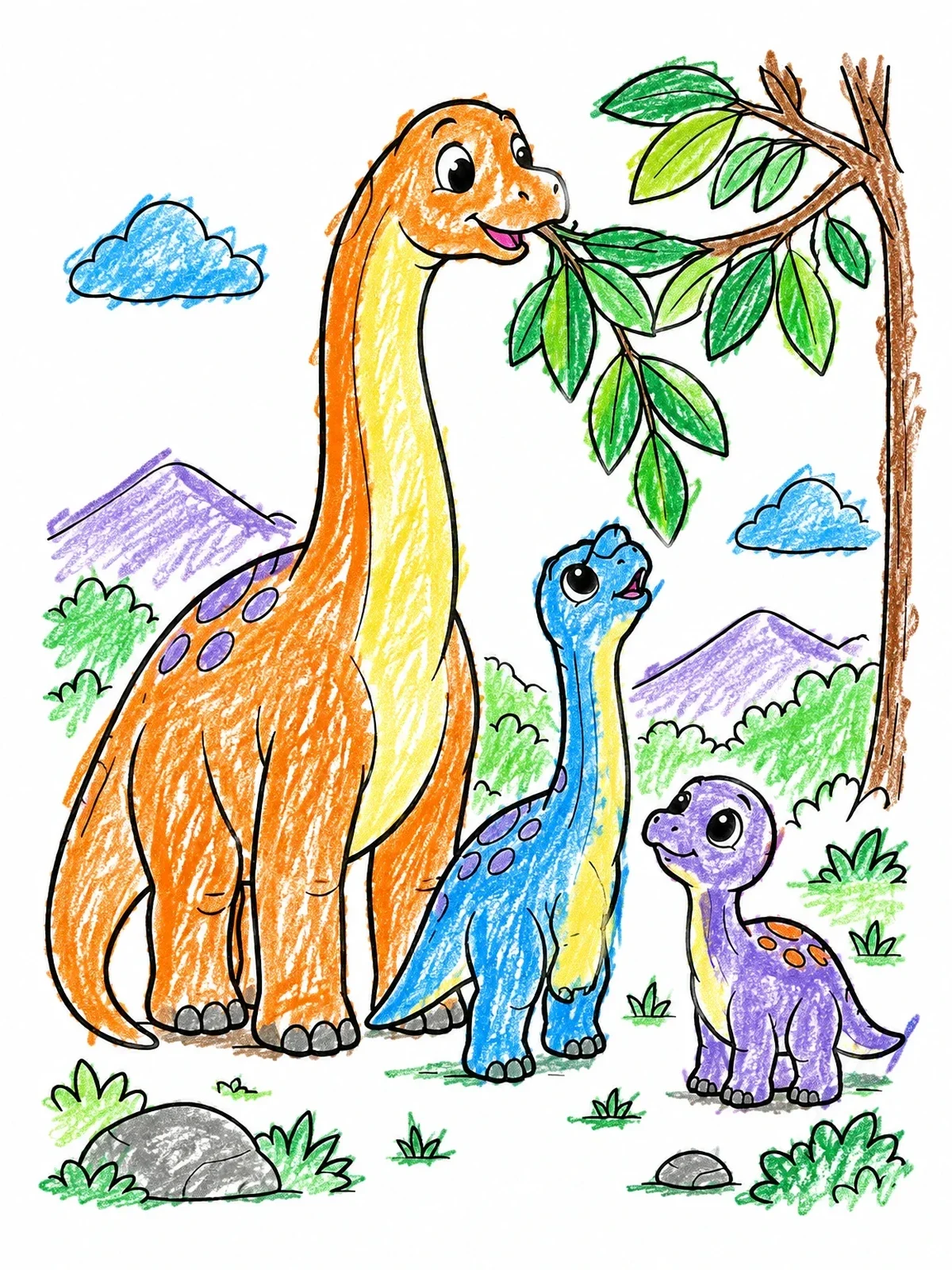 Colored example of the Brachiosaurus Family Eating Leaves coloring page