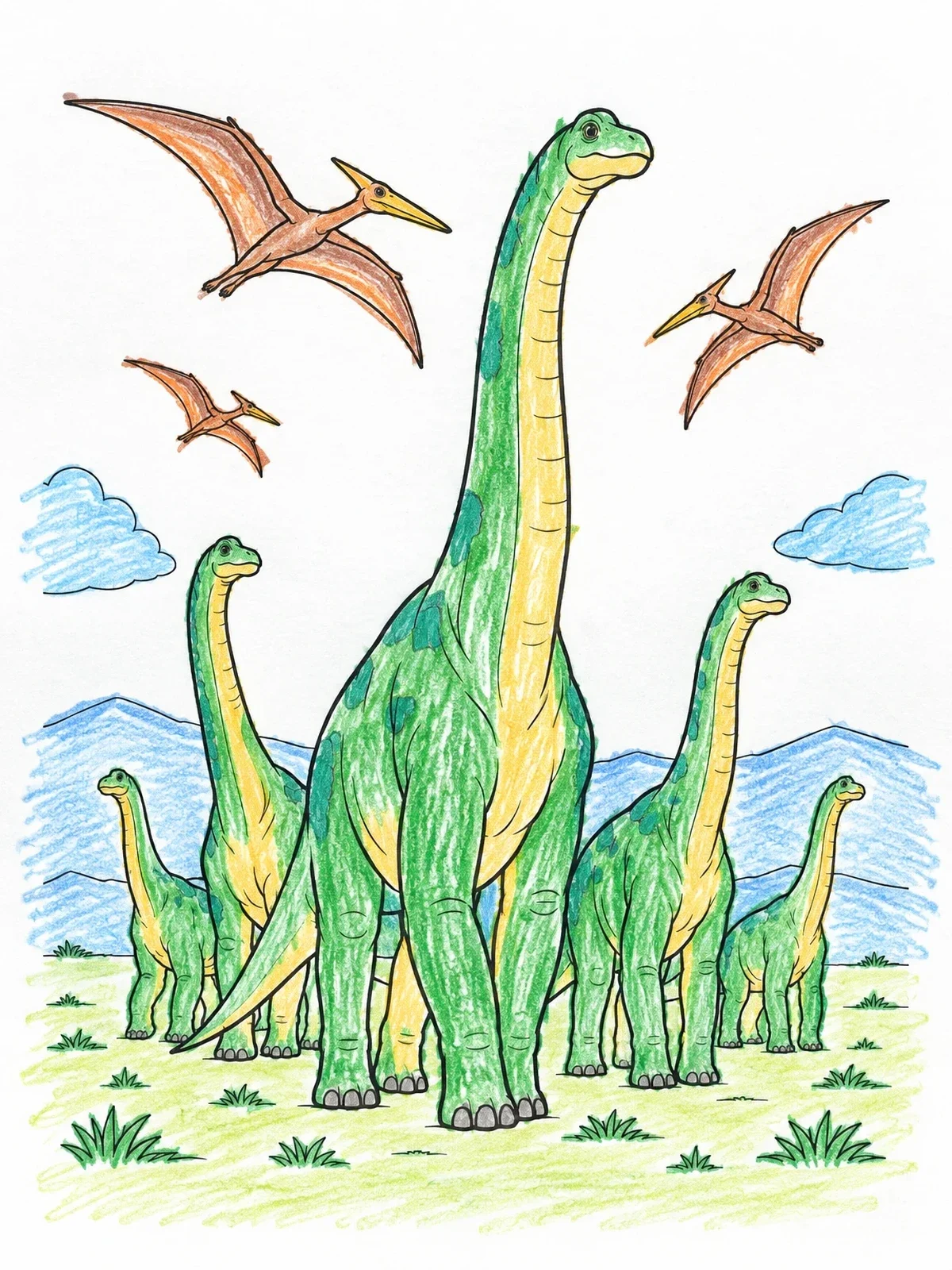 Colored example of the Brachiosaurus Herd With Flying Pterosaurs coloring page
