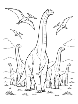 A brachiosaurus coloring page showing a herd of tall sauropods roaming under flying pterosaurs.