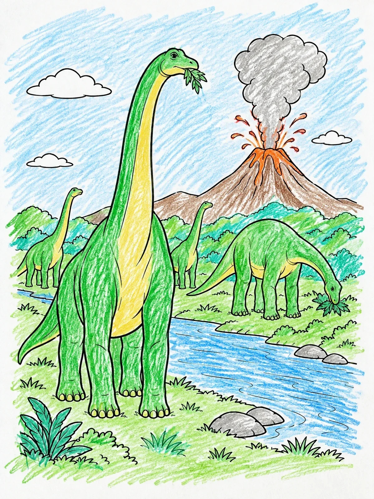 Colored example of the Brachiosaurus Herd By The Volcano coloring page