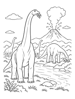 A peaceful brachiosaurus coloring page showing a herd grazing near a river with an active volcano.