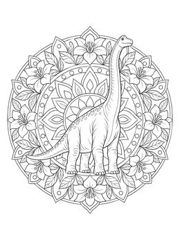 A detailed brachiosaurus coloring page framed by an ornate circular floral mandala.