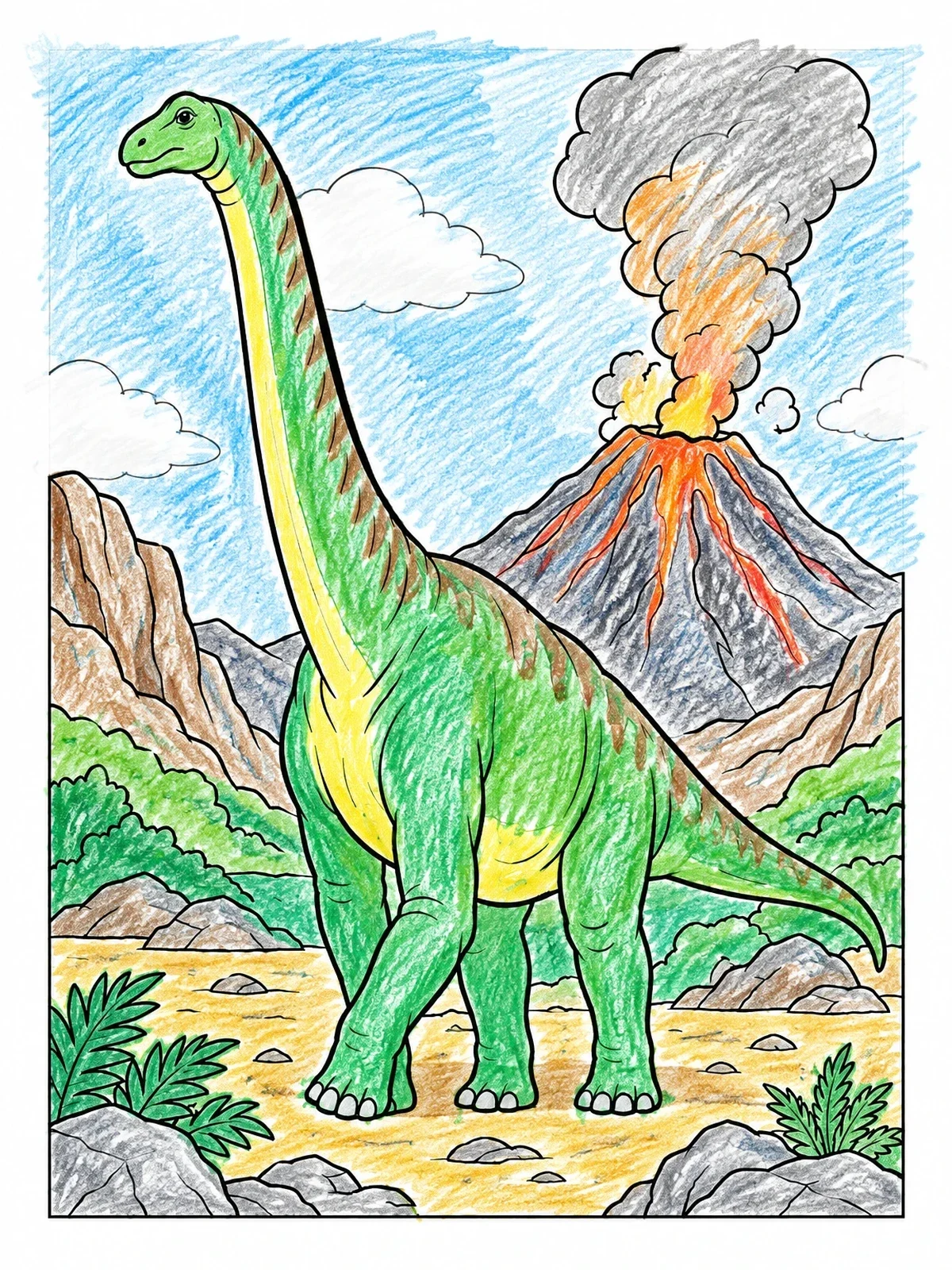 Colored example of the Brachiosaurus Near An Active Volcano coloring page