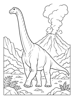 A detailed brachiosaurus coloring page with an active volcano erupting in the background.