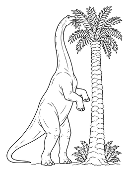 A brachiosaurus coloring page showing the dinosaur standing on hind legs to eat leaves.