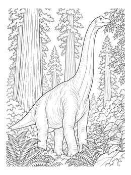 A detailed brachiosaurus coloring page showing the giant dinosaur feeding near tall trees.