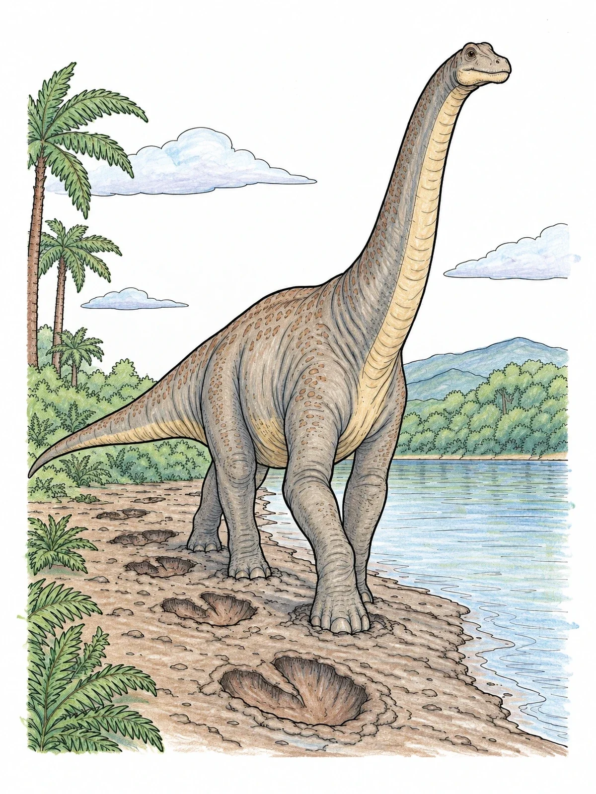 Colored example of the Brachiosaurus Walking Along The Riverbank coloring page