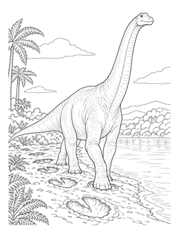 A detailed brachiosaurus coloring page showing deep footprints along a tropical riverbank.