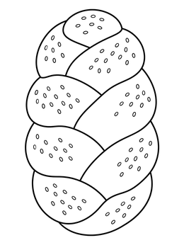 A braided challah bread coloring page sprinkled with sesame seeds.