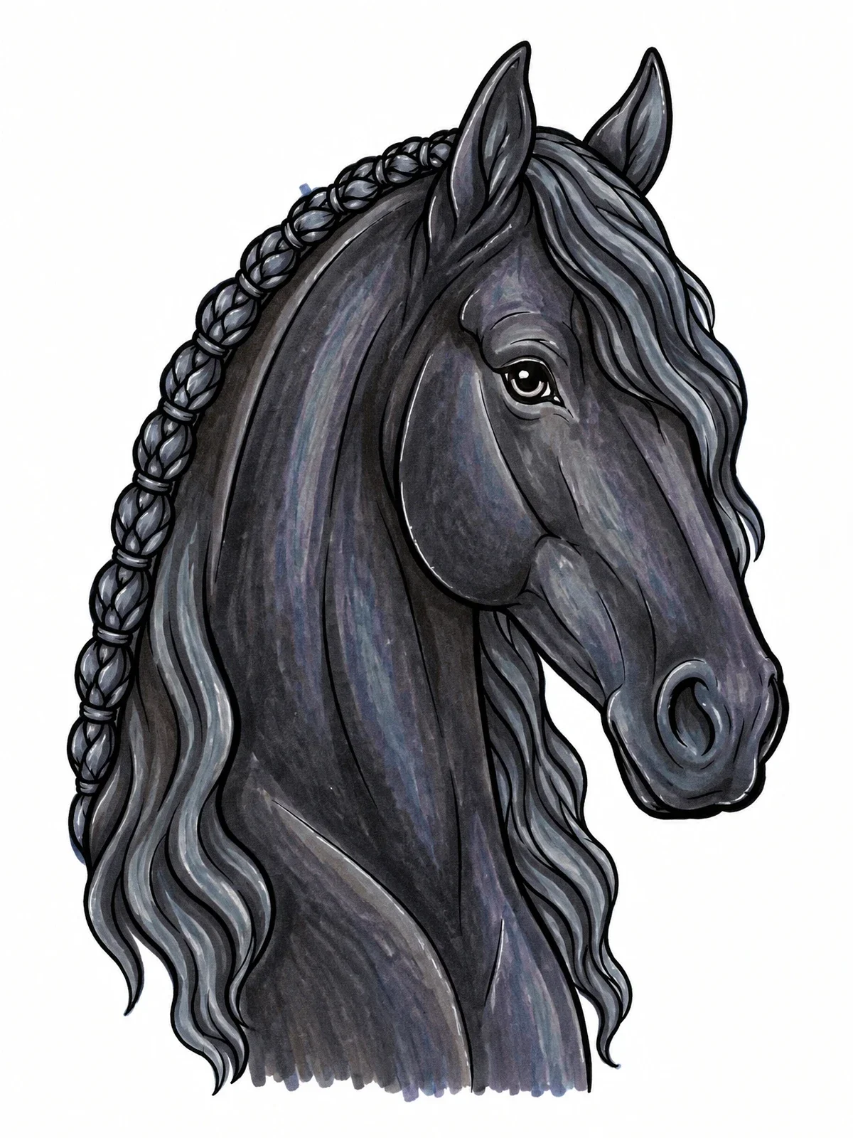 Colored example of the Braided Friesian Horse Head Portrait coloring page
