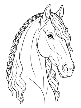 Detailed friesian horse coloring page featuring an elegant head portrait with a braided mane.