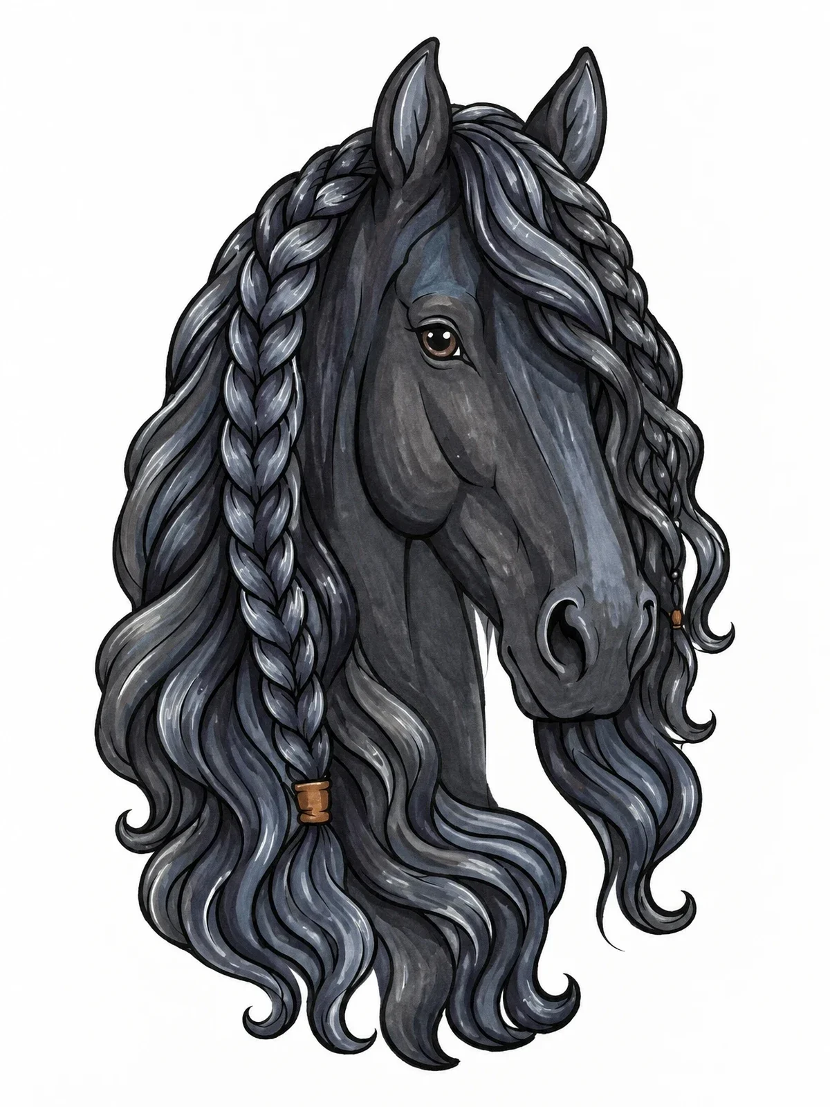 Colored example of the Braided Friesian Horse Portrait coloring page