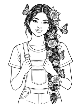 Free printable Braided Hair With Flowers And Butterflies coloring page
