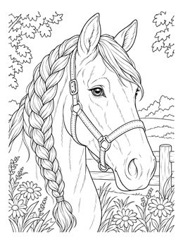 A detailed horse coloring page showing a gentle horse head with a braided mane and halter by a fence.