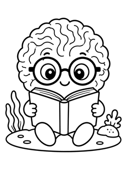 A cute brain coral coloring page with glasses reading an open book underwater.