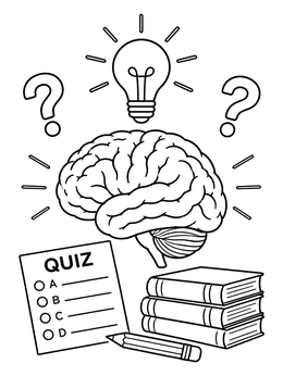 Smart human brain coloring page with a glowing lightbulb, quiz sheet, and books.