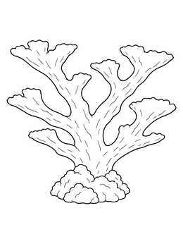 An elkhorn coral coloring page with wide branching structures rooted on a reef base.