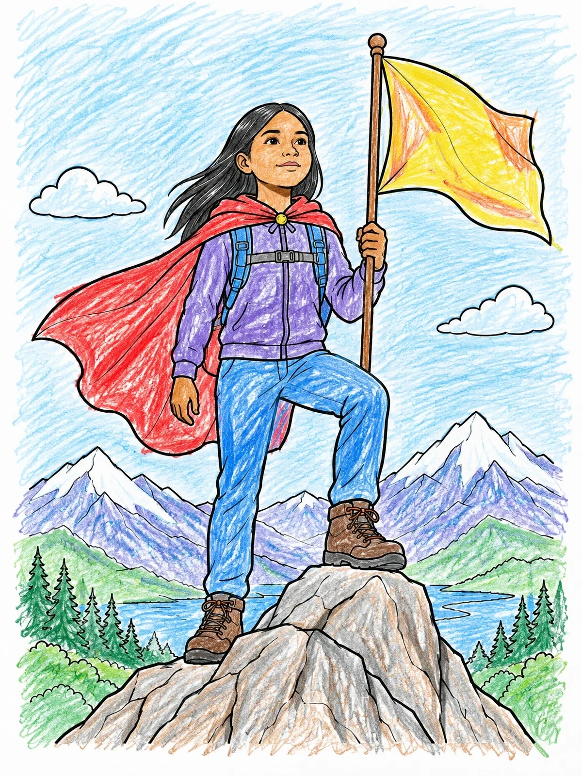 Colored example of the Brave Girl Conquering The Mountain Peak coloring page