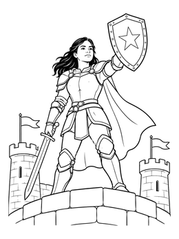 A heroic guardian stands on a stone tower in this armor of god coloring page.