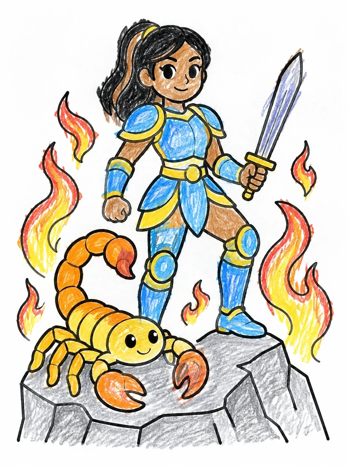 Colored example of the Brave Knight And Friendly Scorpion coloring page