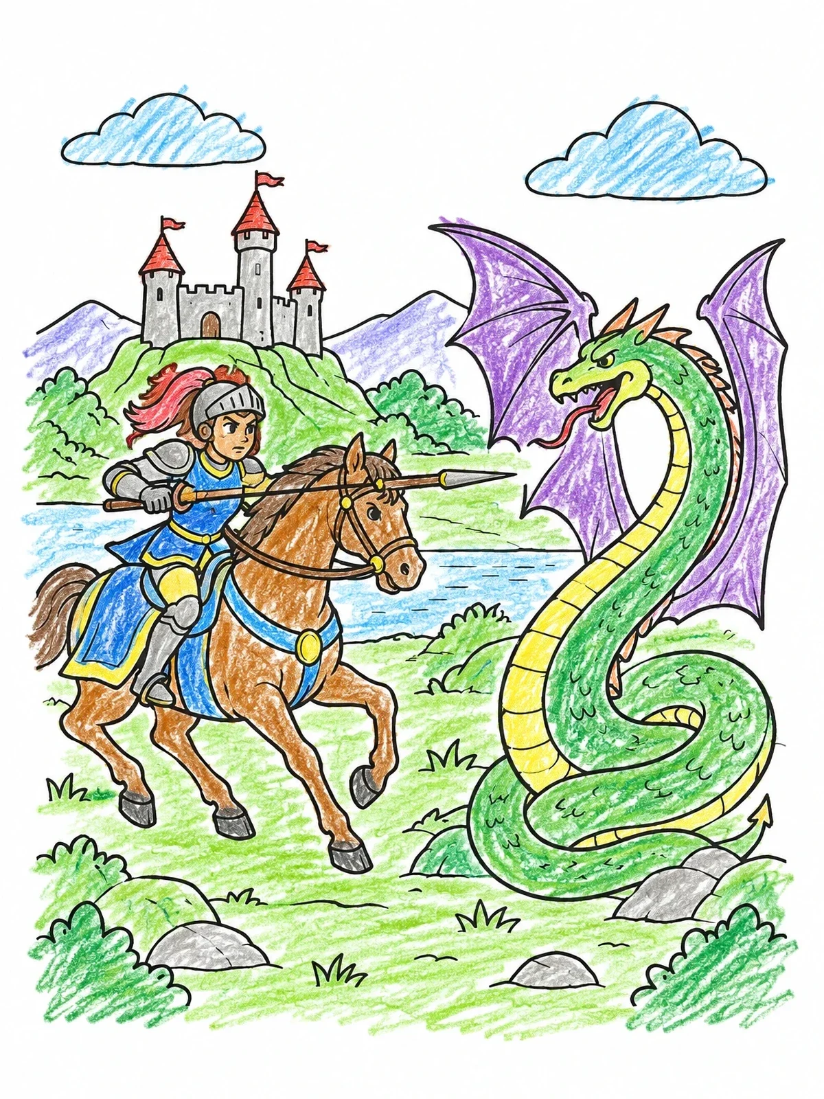 Colored example of the Brave Knight Facing Winged Serpent coloring page