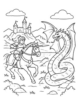 Free printable Brave Knight Facing Winged Serpent coloring page