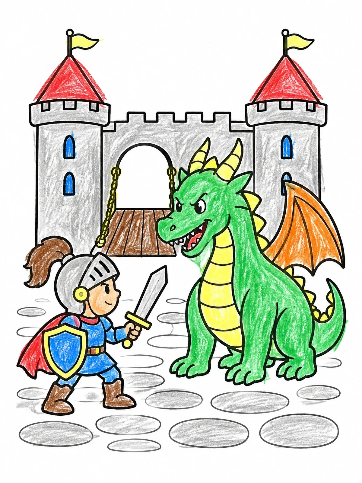 Colored example of the Brave Knight And Dragon By Castle coloring page