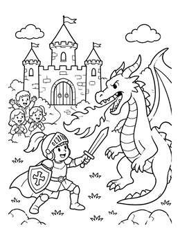 Free printable Brave Knight Facing A Fire Breathing Dragon coloring page
