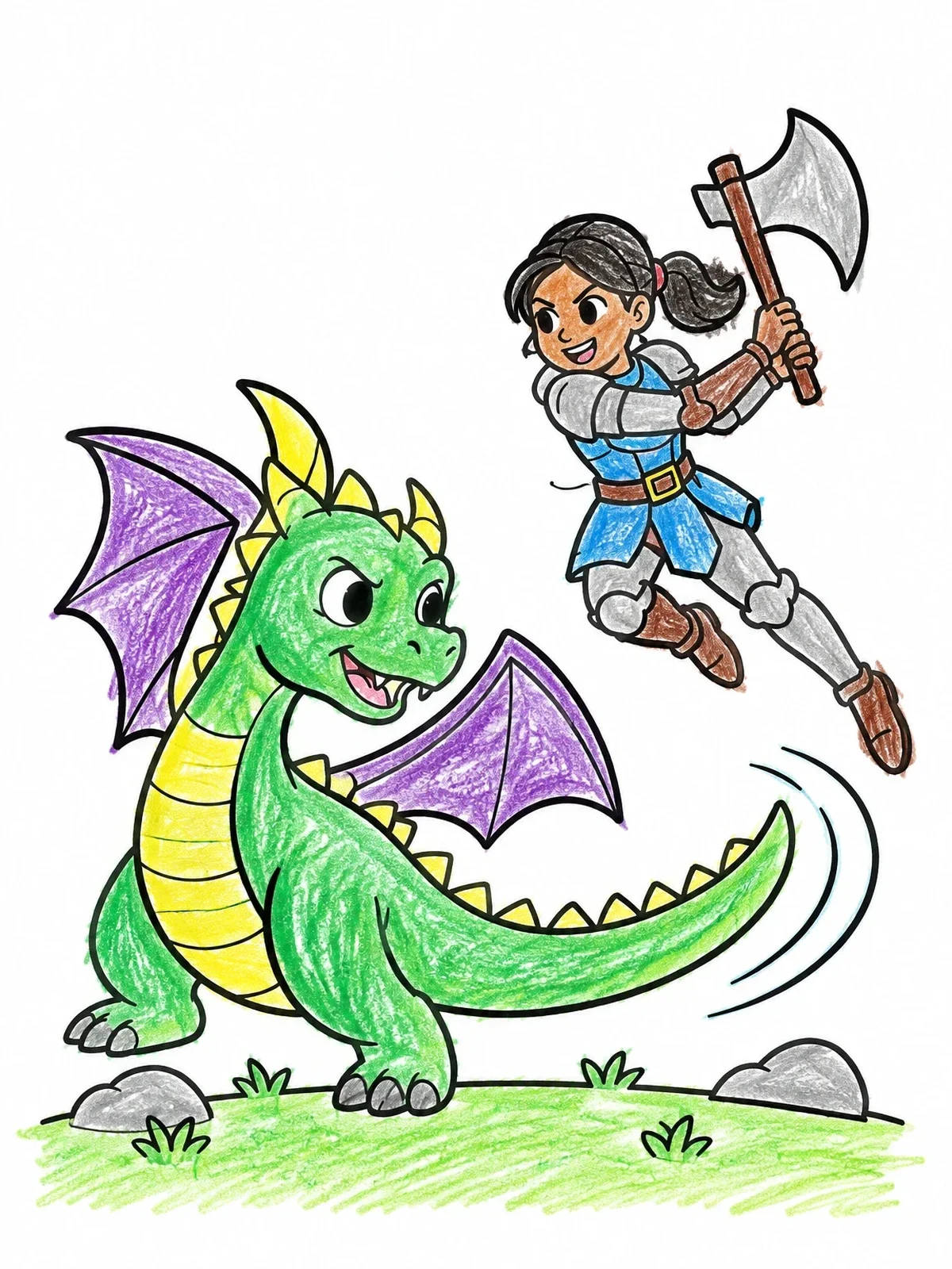 Colored example of the Brave Knight Leaping Over Dragon coloring page