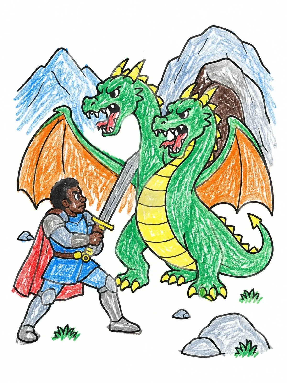 Colored example of the Brave Knight Facing Two Headed Dragon coloring page