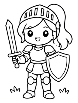 A cheerful chibi coloring page showing a cute little knight holding a sword and shield.