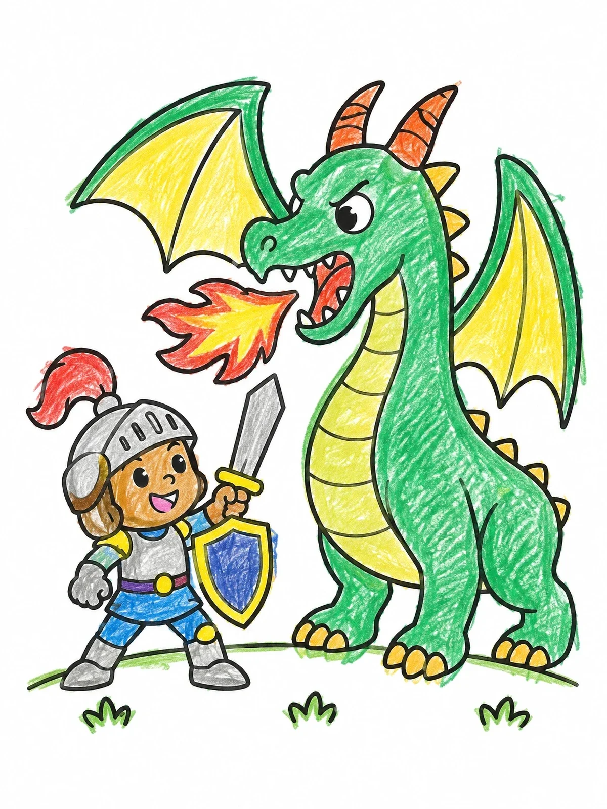 Colored example of the Brave Little Knight Facing Dragon coloring page