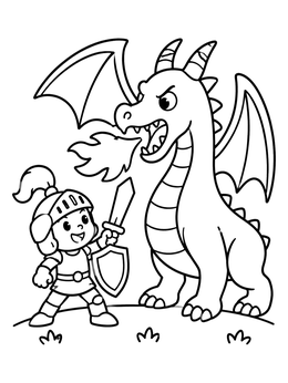 Free printable Brave Little Knight Facing Dragon coloring page