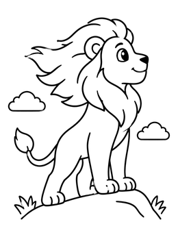 A cute cartoon lion standing proudly on a hill in this lion coloring page.