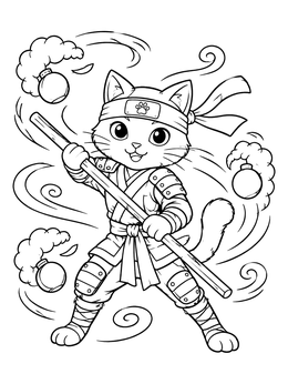 Free printable Brave Ninja Cat With Staff coloring page
