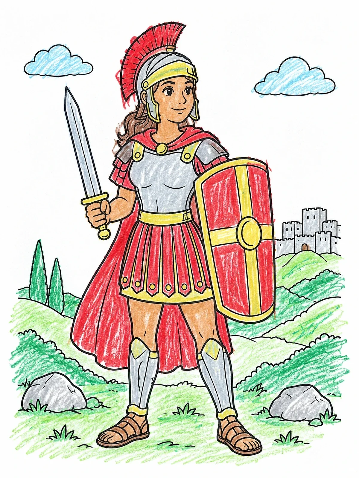 Colored example of the Brave Soldier In Full Armor coloring page