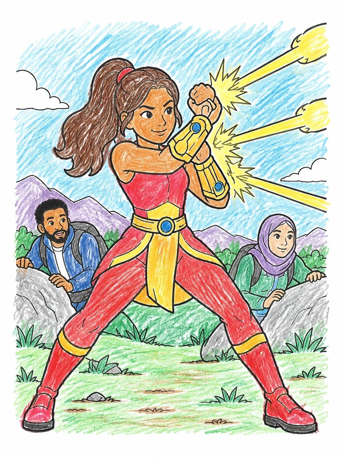 Colored example of the Brave Superhero Defending Her Friends coloring page