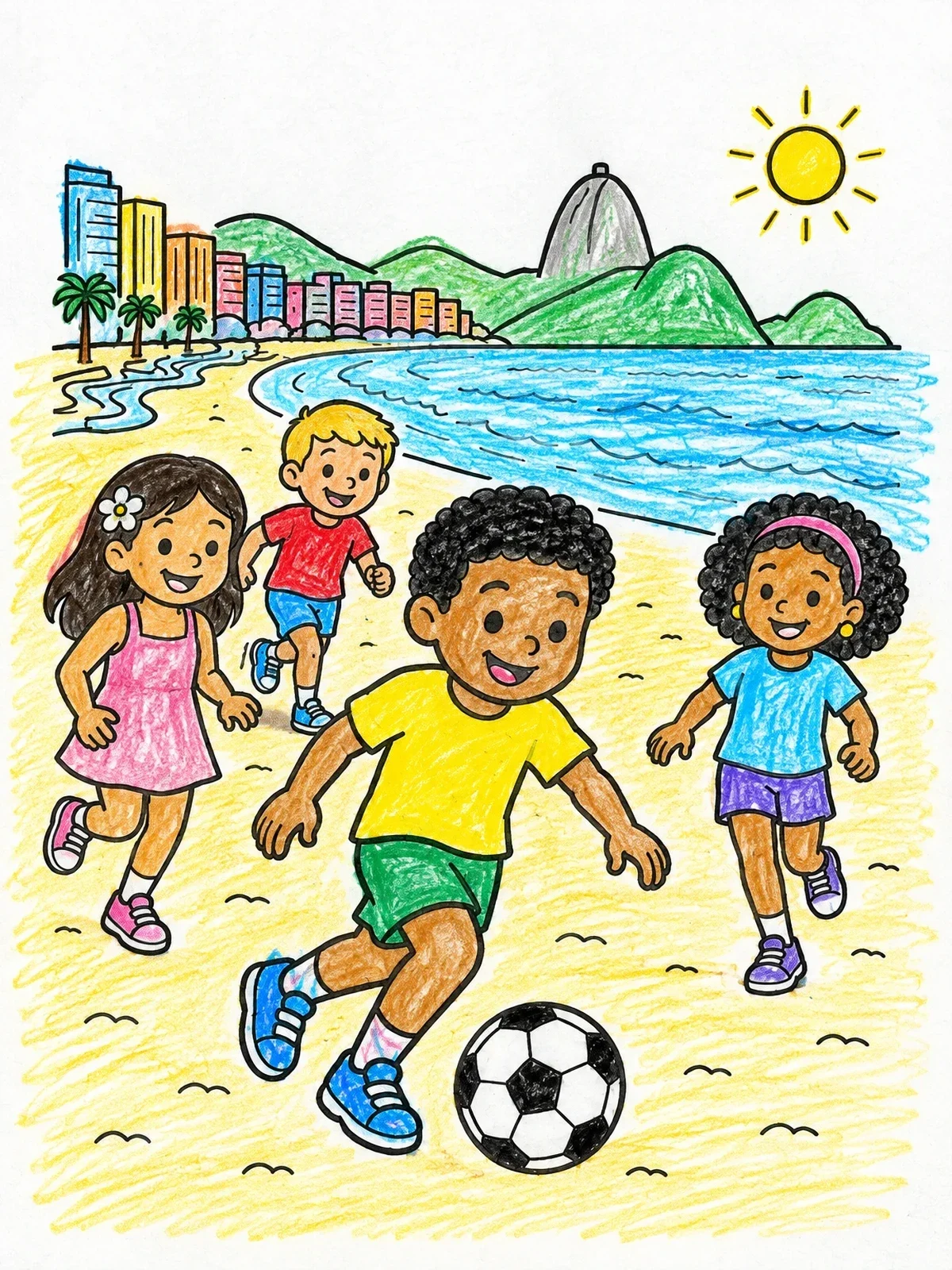 Colored example of the Children Playing Beach Soccer In Rio coloring page