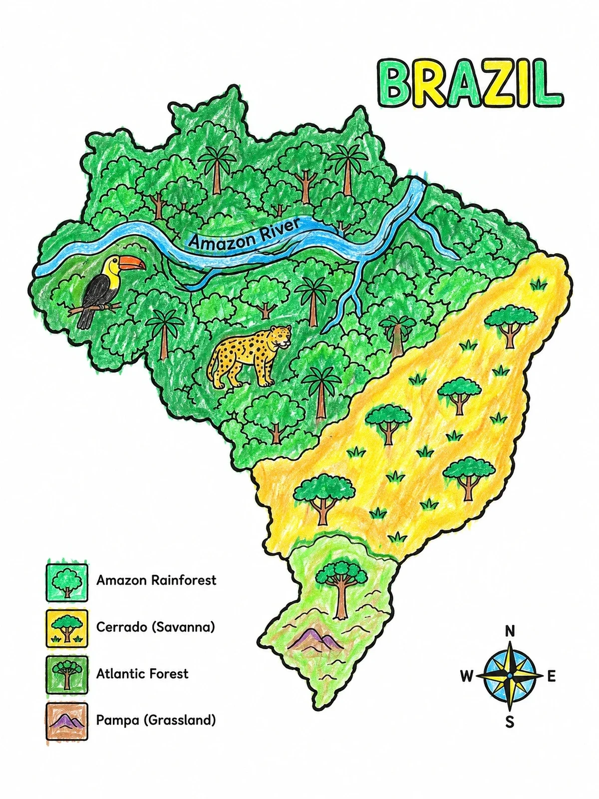 Colored example of the Brazil Ecosystems And Wildlife Map coloring page