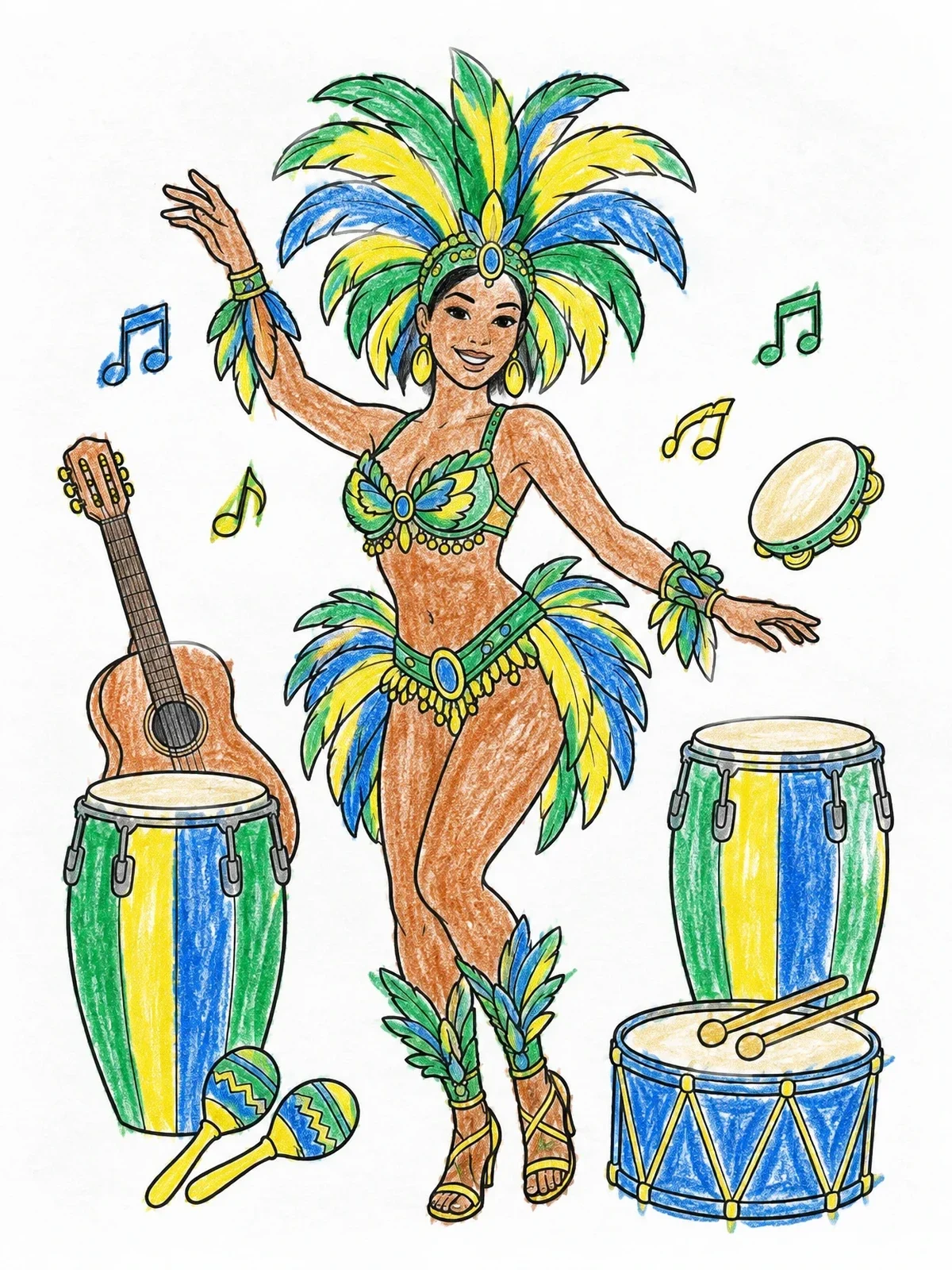 Colored example of the Brazilian Carnival Dancer With Drums coloring page